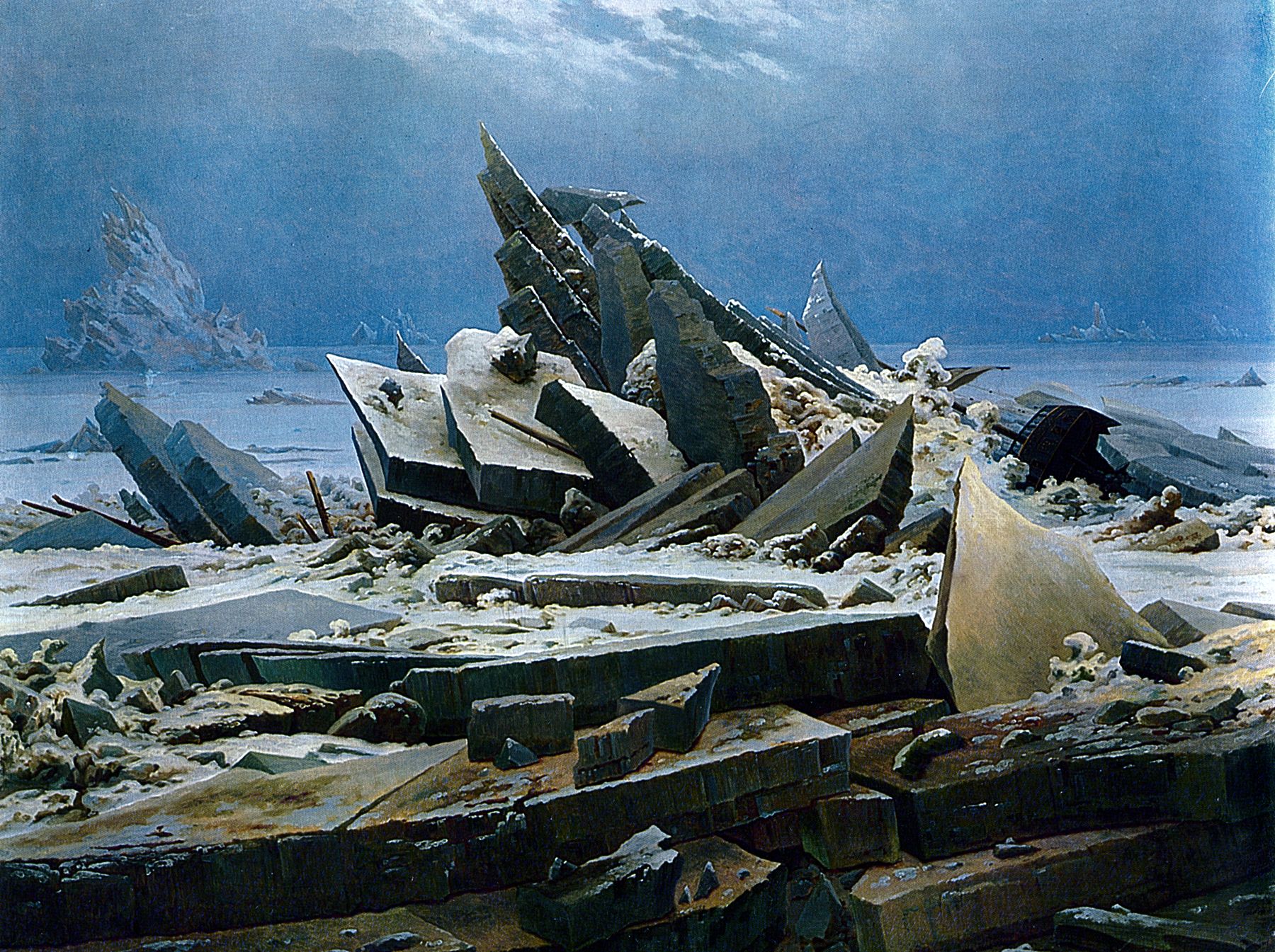 A sailing vessel locked in pale arctic ice under a wide sky, an oil painting
