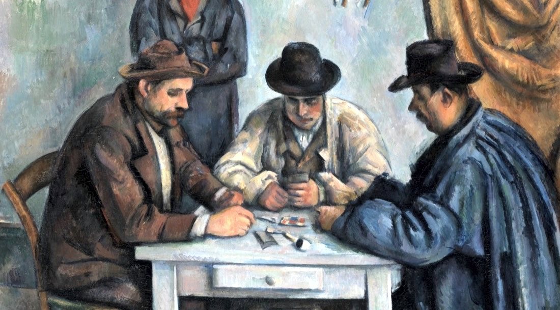 Men at a table in focused deliberation, a painting by Paul Cezanne