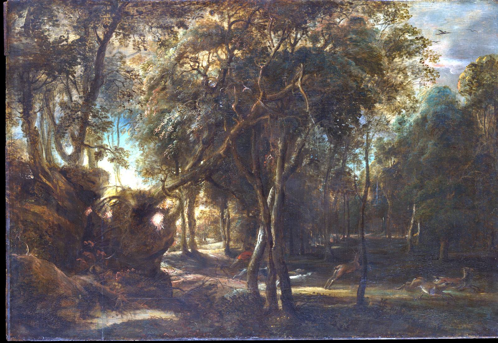 A Forest at Dawn with a Deer Hunt, painted by Peter Paul Rubens around 1635