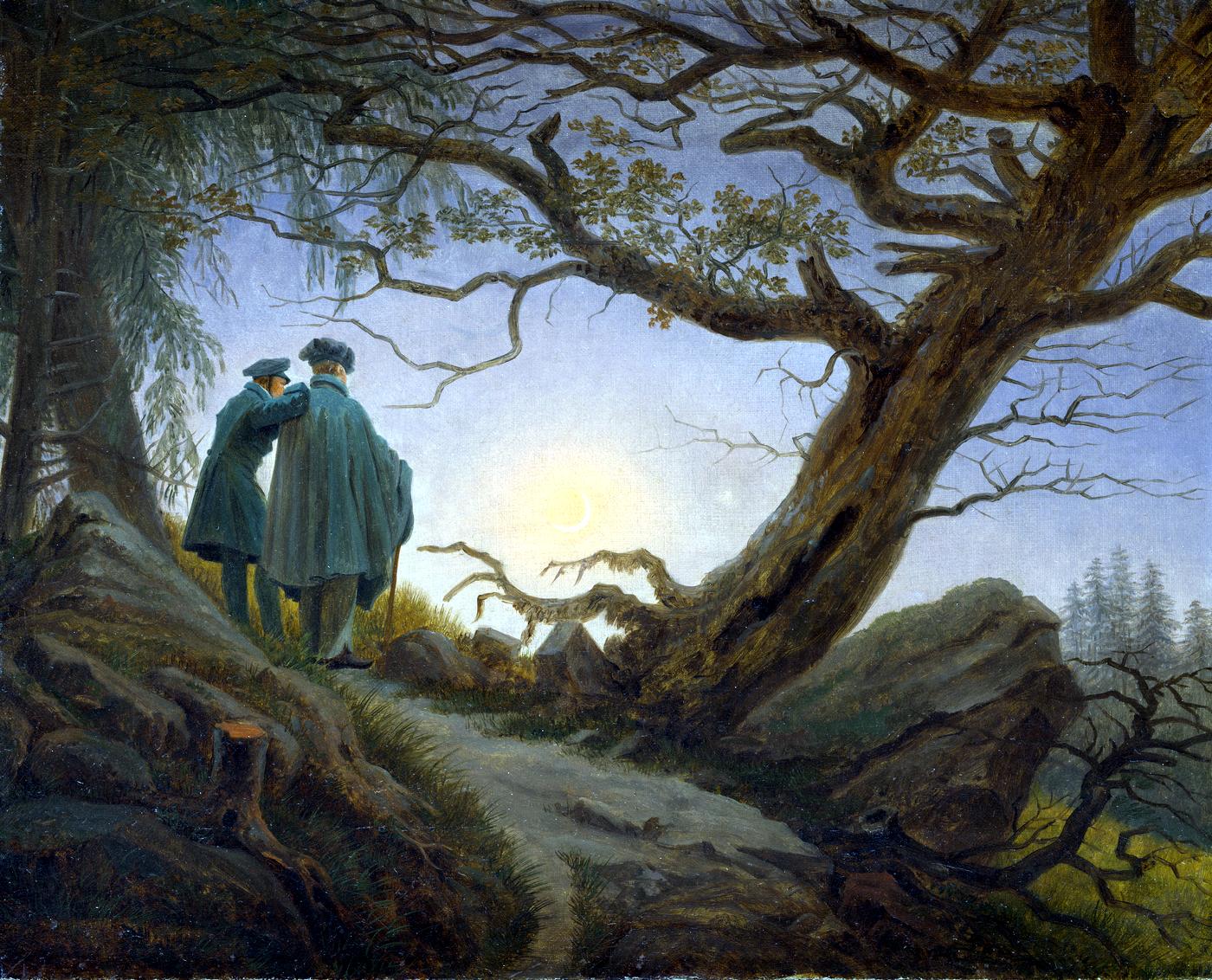 Two Men Contemplating the Moon, painted by Caspar David Friedrich around 1825 to 30