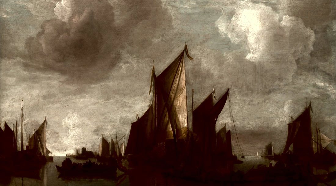 Dutch sailing barges in calm water, a painting by Jan van de Cappelle
