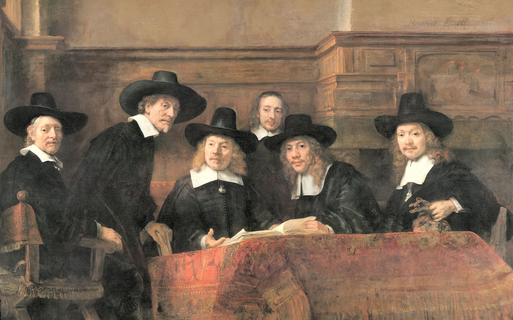 The wardens of the Amsterdam cloth guild at their ledger, a painting by Rembrandt